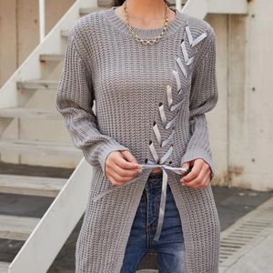 Gray Lace Up Front Sweater